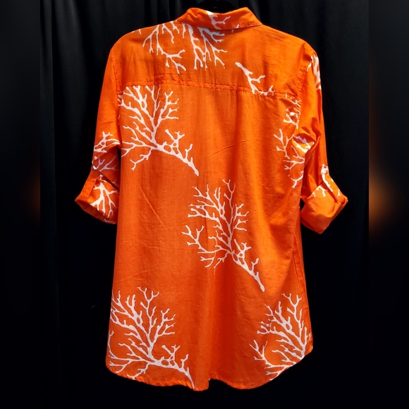 Kiki Sol - Papaya coral, over sized boyfriend shirt with roll up button sleeves - Picture 2 of 3